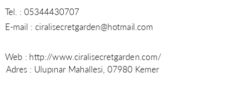Secret Garden Bungalows & Tent Hotel telefon numaralar, faks, e-mail, posta adresi ve iletiim bilgileri